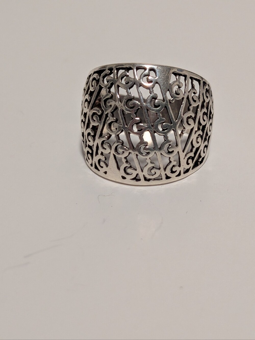 925 Sterling Silver Filigree Swirl Ring High Polished Wide Band - Picture 4 of 8